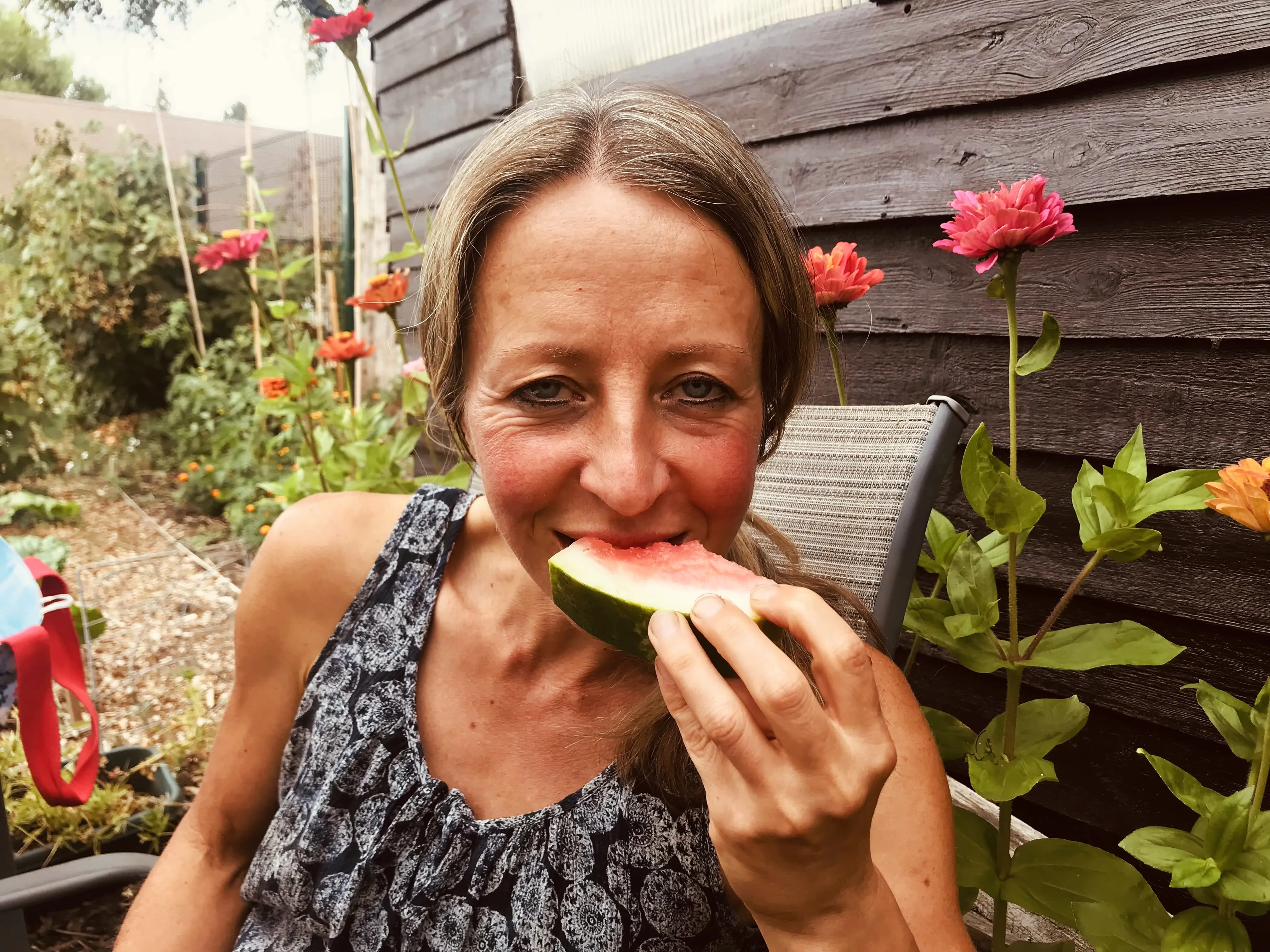 Vicky Salter eating water melon.