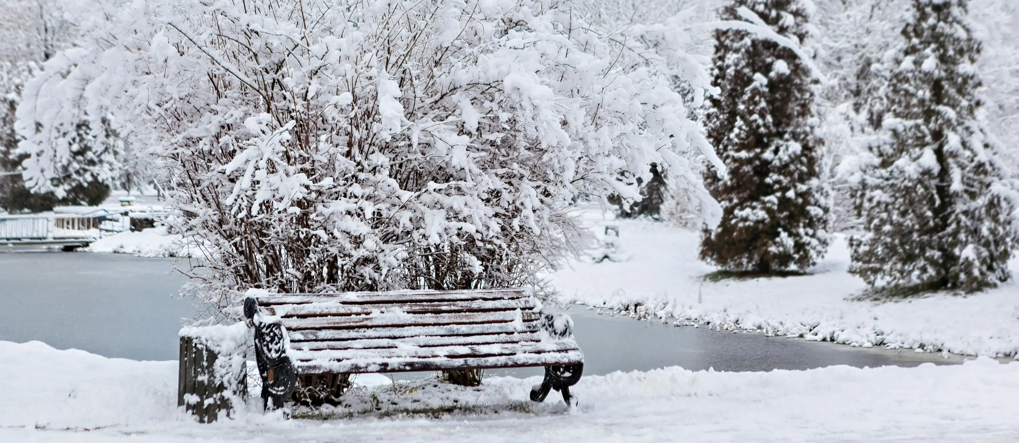 Park bench covered in white snow.