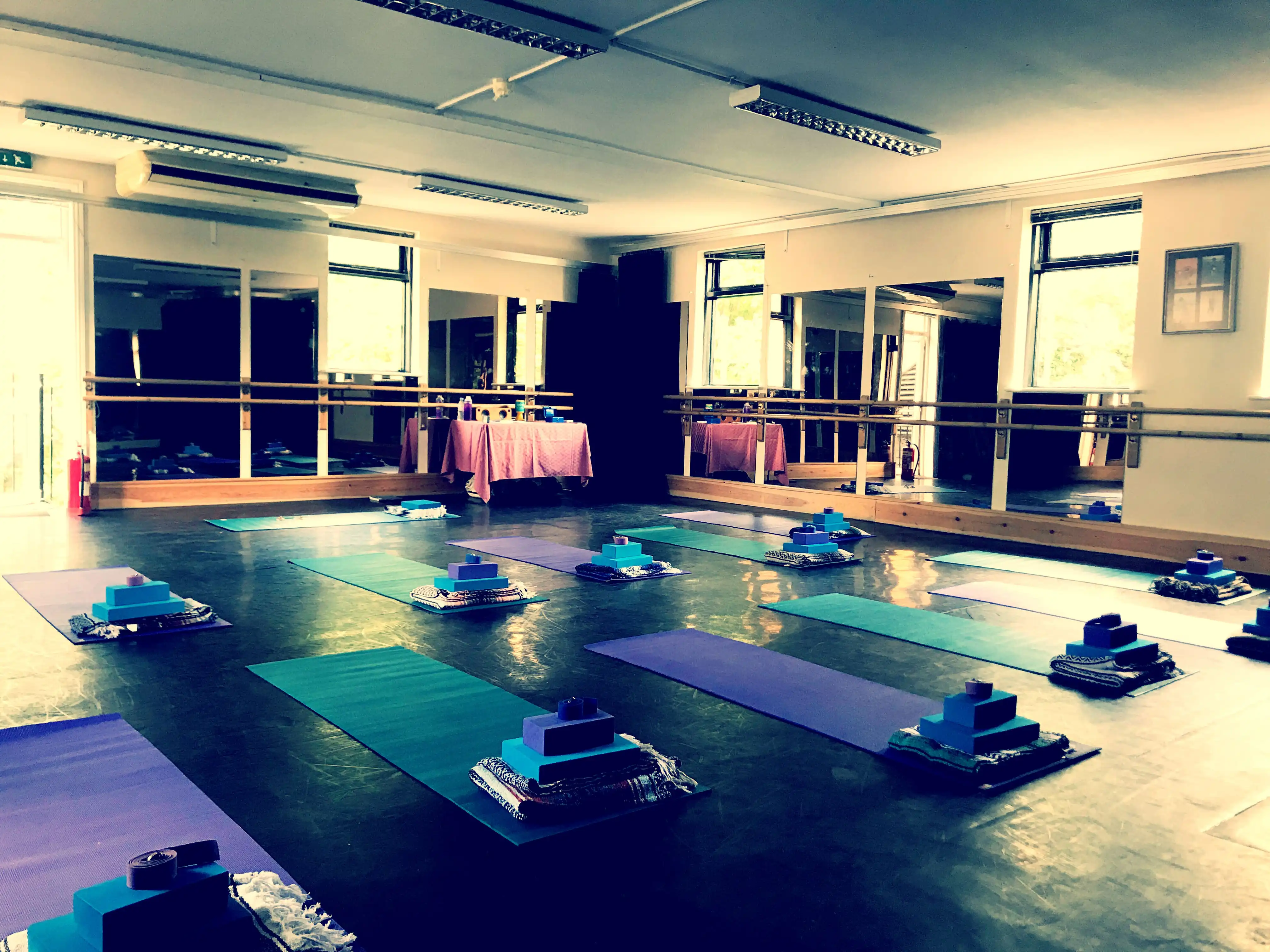 Yoga class set up at Mayhem Theatre Arts