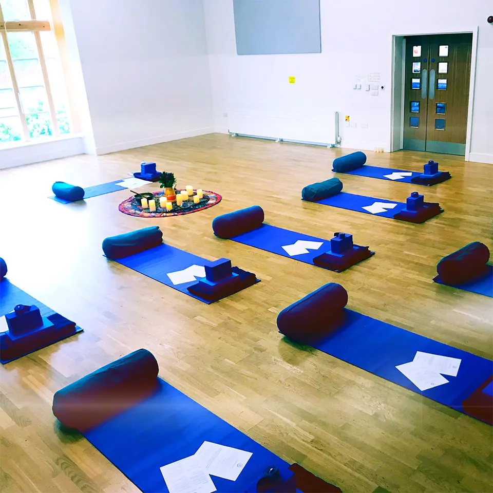 Yin yoga class set up.