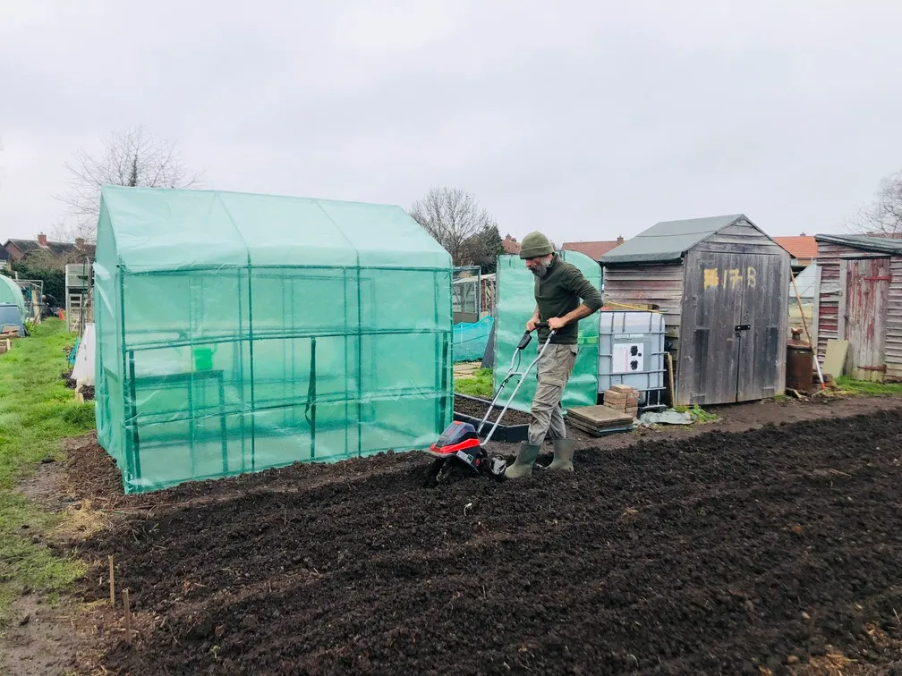 Rotavating beds on allotment plot